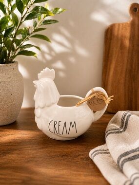 Rae Dunn Cream Ceramic Hen Pitcher with Black Lettering